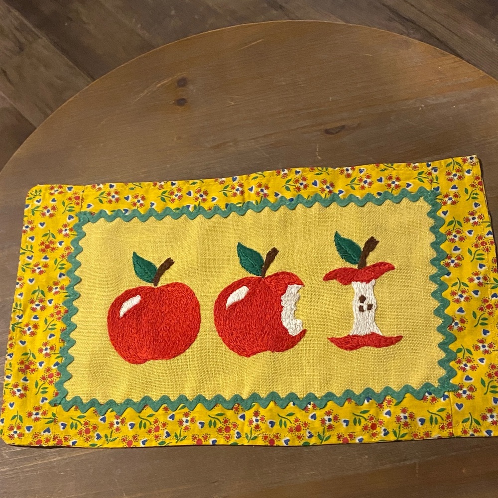 Yellow Apple Embroidered hanging piece. Can be framed.  1970’s. Vintage